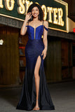Sparkly Navy Mermaid Long Corset Beaded Prom Dress With Slit