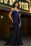 Sparkly Navy Mermaid Long Corset Beaded Prom Dress With Slit