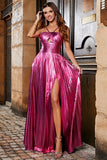 Fuchsia A-Line Spaghetti Straps Pleated Prom Dress with Slit