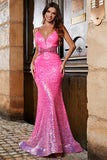 Sparkly Fuchsia Mermaid Spaghetti Straps Long Prom Dress With Beading Waist