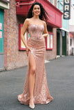 Rose Gold Mermaid Beaded Sequin Corset Prom Dress With Slit