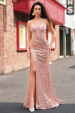 Rose Gold Mermaid Beaded Sequin Corset Prom Dress With Slit