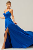 A Line Satin Royal Blue Spaghetti Straps Prom Dress with Slit