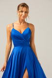 A Line Satin Royal Blue Spaghetti Straps Prom Dress with Slit