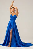 A Line Satin Royal Blue Spaghetti Straps Prom Dress with Slit