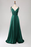 Dark Green A-Line Spaghetti Straps Satin Long Bridesmaid Dress With Slit