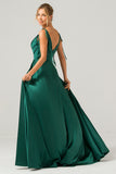 Dark Green A-Line Spaghetti Straps Satin Long Bridesmaid Dress With Slit