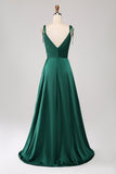Dark Green A-Line Spaghetti Straps Satin Long Bridesmaid Dress With Slit