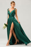 Dark Green A-Line Spaghetti Straps Satin Long Bridesmaid Dress With Slit