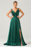 Dark Green A-Line Spaghetti Straps Satin Long Bridesmaid Dress With Slit