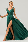 Dark Green A-Line Spaghetti Straps Satin Long Bridesmaid Dress With Slit