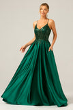 A-Line Sequins Dark Green Spaghetti Straps Long Prom Dress with Lace-up Back
