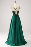 A-Line Sequins Dark Green Spaghetti Straps Long Prom Dress with Lace-up Back