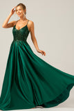 A-Line Sequins Dark Green Spaghetti Straps Long Prom Dress with Lace-up Back