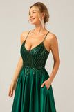 A-Line Sequins Dark Green Spaghetti Straps Long Prom Dress with Lace-up Back
