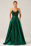 A-Line Sequins Dark Green Spaghetti Straps Long Prom Dress with Lace-up Back