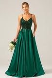 A-Line Sequins Dark Green Spaghetti Straps Long Prom Dress with Lace-up Back
