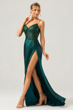 Dark Green A-Line Spaghetti Straps Sequin Bridesmaid Dress With Slit