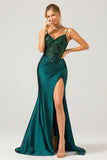 Dark Green A-Line Spaghetti Straps Sequin Bridesmaid Dress With Slit