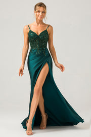 Dark Green A-Line Spaghetti Straps Sequin Bridesmaid Dress With Slit