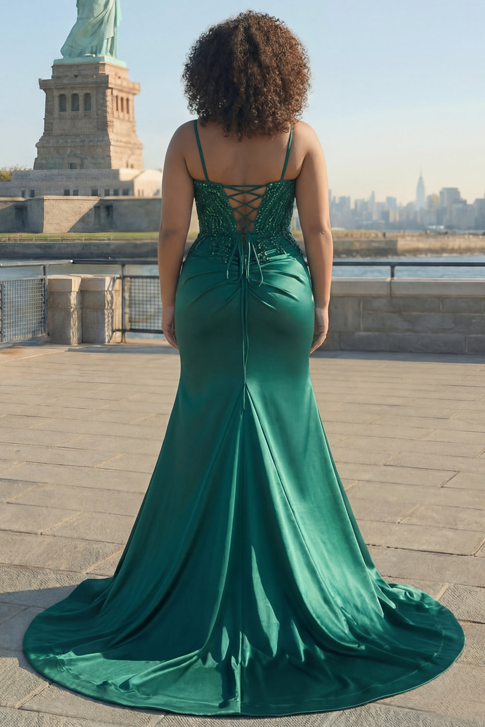 Leely Women Sparkly Sequins Dark Green Satin Prom Dress Mermaid Spaghetti  Straps Pleated Corset Party Dress With Slit – leelyuk