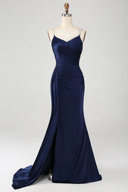 Mermaid Navy Spaghetti Straps Long Prom Dress With Slit