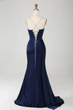 Mermaid Navy Spaghetti Straps Long Prom Dress With Slit