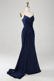 Mermaid Navy Spaghetti Straps Long Prom Dress With Slit