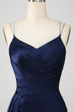 Mermaid Navy Spaghetti Straps Long Prom Dress With Slit