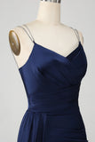 Mermaid Navy Spaghetti Straps Long Prom Dress With Slit