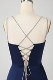 Mermaid Navy Spaghetti Straps Long Prom Dress With Slit