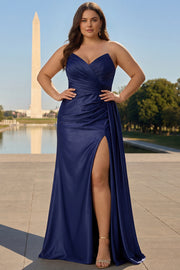 Navy Plus Size Mermaid Lace-up Back Spaghetti Straps Prom Dress with Slit