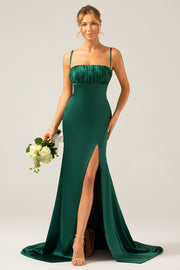 Dark Green Long Sheath Spaghetti Straps Bridesmaid Dress With Slit