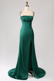 Dark Green Sheath Spaghetti Straps Long Prom Dress With Slit