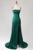 Dark Green Long Sheath Spaghetti Straps Bridesmaid Dress With Slit