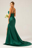 Dark Green Long Sheath Spaghetti Straps Bridesmaid Dress With Slit