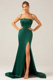 Dark Green Long Sheath Spaghetti Straps Bridesmaid Dress With Slit