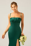 Dark Green Long Sheath Spaghetti Straps Bridesmaid Dress With Slit