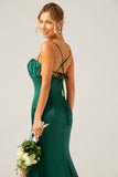 Dark Green Long Sheath Spaghetti Straps Bridesmaid Dress With Slit