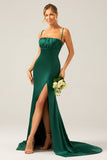 Dark Green Long Sheath Spaghetti Straps Bridesmaid Dress With Slit
