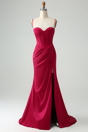 Sweetheart Corset Burgundy Lace Up Sheath Prom Dress with High Slit