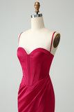 Sweetheart Corset Burgundy Lace Up Sheath Prom Dress with High Slit