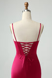 Sweetheart Corset Burgundy Lace Up Sheath Prom Dress with High Slit
