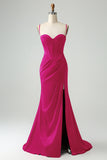 Sweetheart Corset Burgundy Lace Up Sheath Prom Dress with High Slit