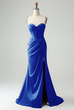 Sweetheart Corset Burgundy Lace Up Sheath Prom Dress with High Slit