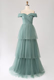 Off the Shoulder A Line Grey Green Tulle Tiered Pleated Bridesmaid Dress