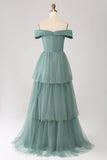 Off the Shoulder A Line Grey Green Tulle Tiered Pleated Bridesmaid Dress