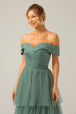 Off the Shoulder A Line Grey Green Tulle Tiered Pleated Bridesmaid Dress