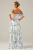 White Blue Flower Sweetheart Tiered A-Line Floral Bridesmaid Dress