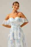 White Blue Flower Sweetheart Tiered A-Line Floral Bridesmaid Dress